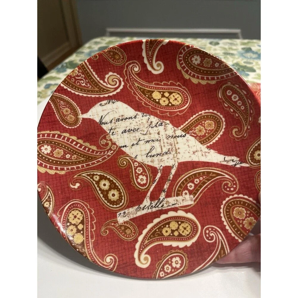 Pier 1 Imports Bird Red Paisley 7.75” Luncheon Dessert Plates 4pc